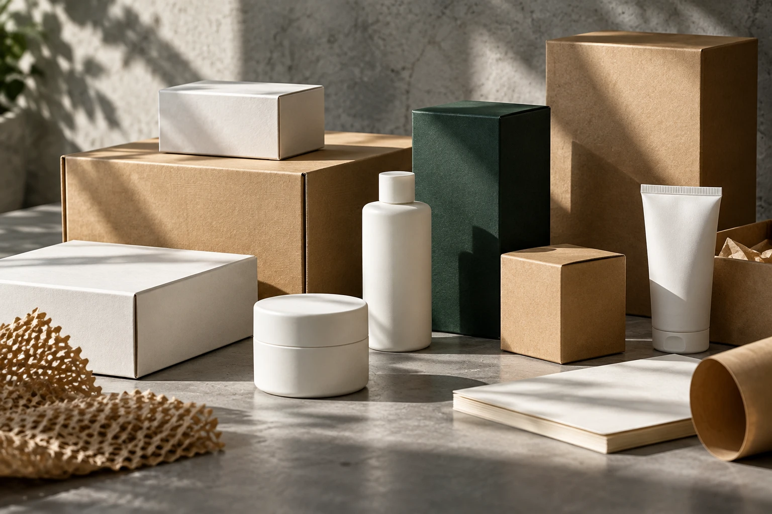 Illustrative Verpackungs- und Produktmaterialien auf einer Arbeitsfläche